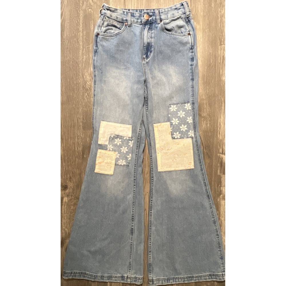 Wrangler Billabong Patchwork Light Wash Flare Bell Bottom Blue Jeans Size 29x34